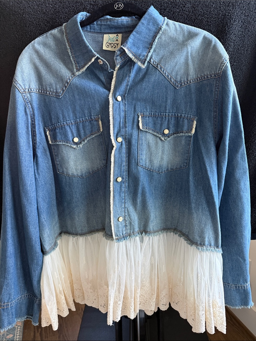 Jade Blue Denim Button-Down Shirt with Cream Lace Trim